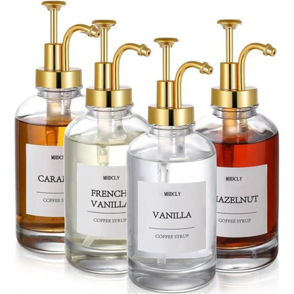 Coffee Syrup Dispenser Set with Pumps Glass Bottles Labels Coffee Bar Decor